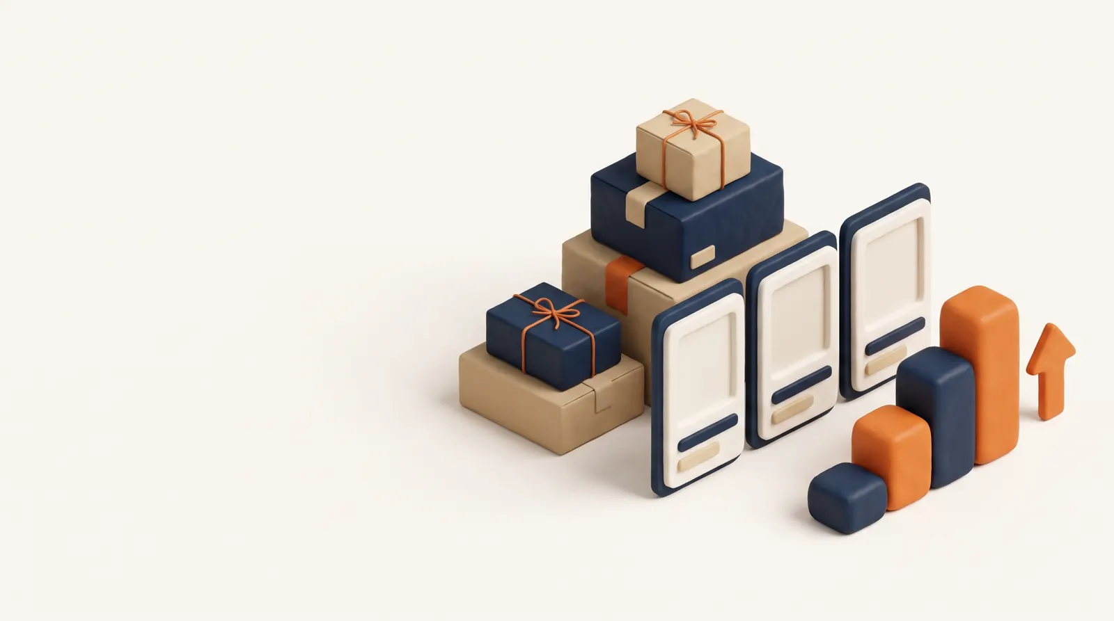 Illustration of shipping boxes, product listing cards and a rising bar chart